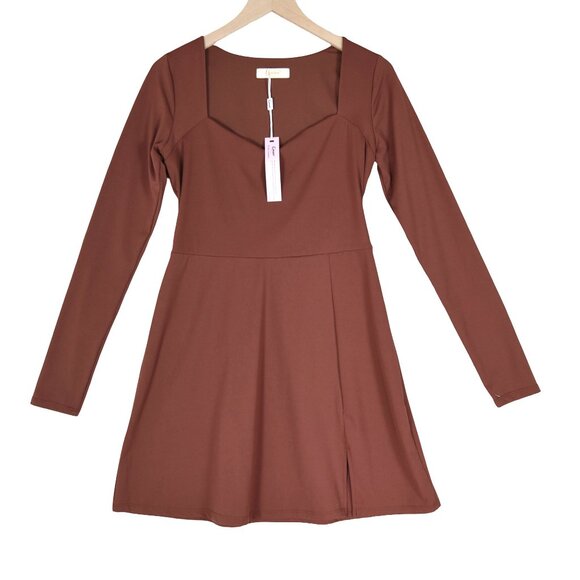 NWT Qinsen Clay Brown Long Sleeve Skater Dress XL Sweetheart Neckline Fit Flare - Picture 1 of 6